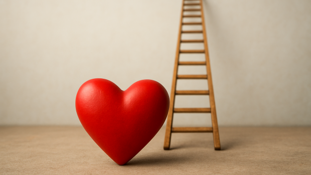 Un cuore davanti a una scala che sale verso l'infinito